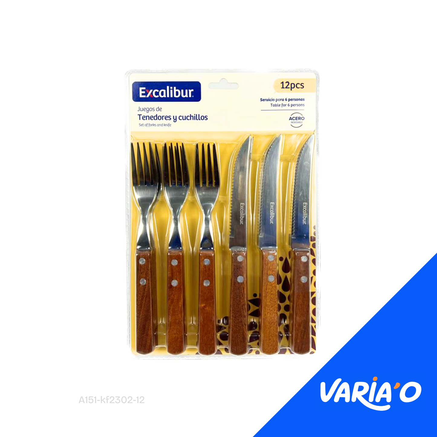 Juego de Cubiertos Excalibur Mango de Madera y Acero Inoxidable - 12 Piezas